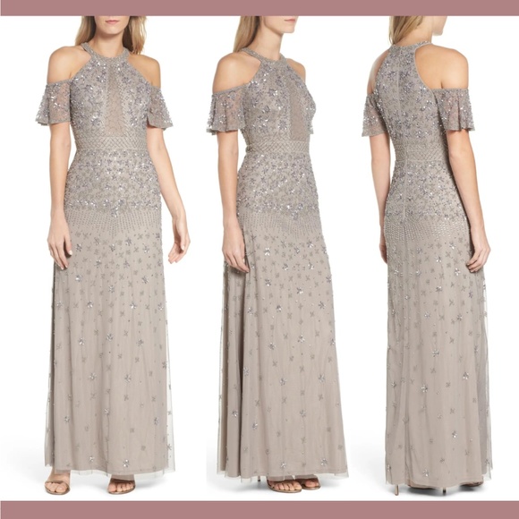 NWT‎ Adrianna Papell [ 4 ] Embellished Beaded Cold Shoulder Gown Platinum - Picture 1 of 16